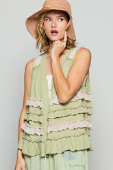 POL Ruffled Open Front Sleeveless Cardigan OutfitFlow